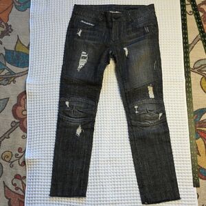 Men's Dark Gray Black Distressed Moto Skinny Jeans Sz 28 Unisex Style